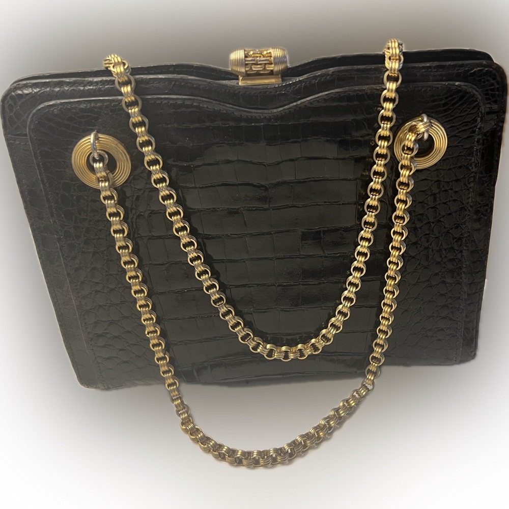Mark Cross Alligator Vintage Handbag W/ Elegant Gold Chain Shoulder Strap - Picture 3 of 16